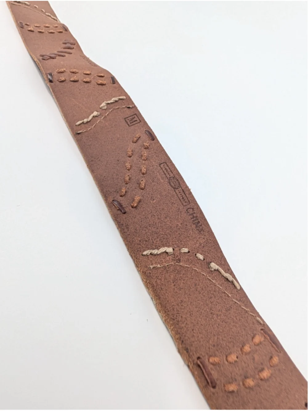 Fossil Leather Patchwork Belt M Brown Tooled Leopard Whipstitch Boho Western